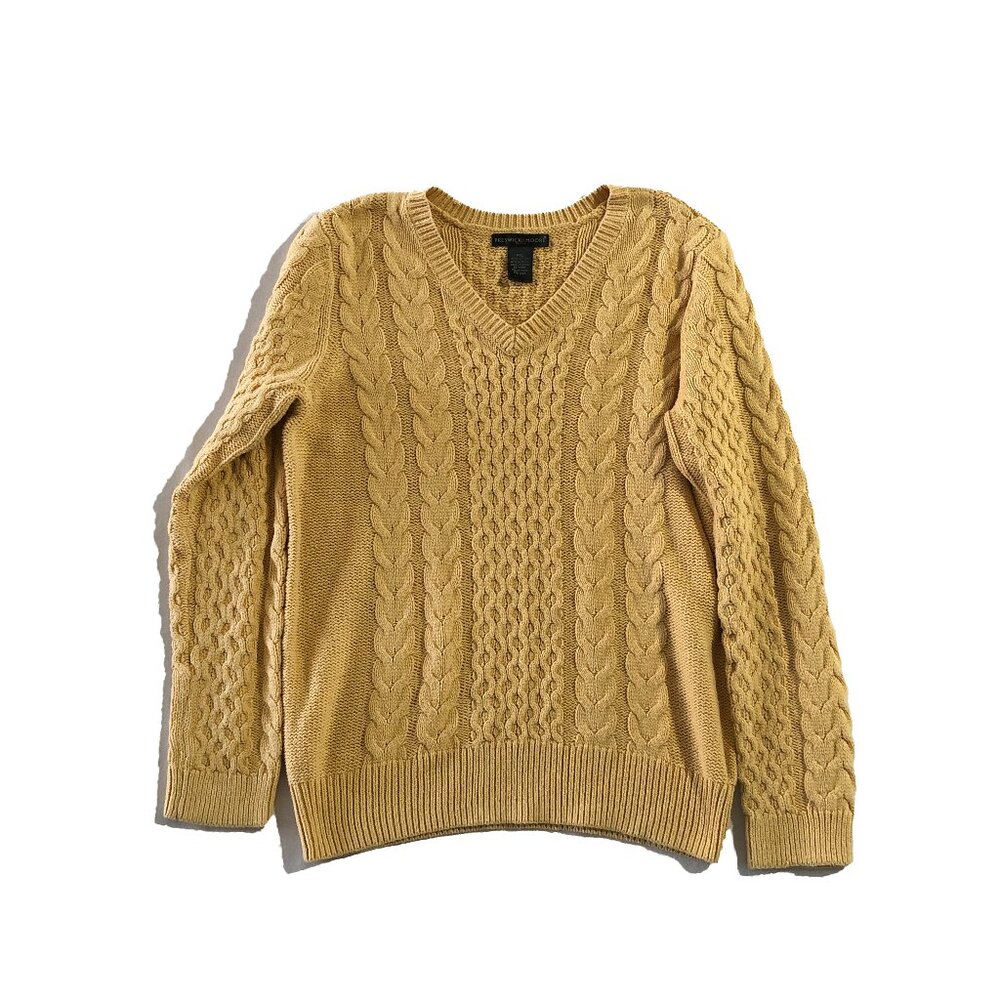 Preswick and Moore Womens PXL Yellow Cable Knit V-Neck Long Sleeve Sweater